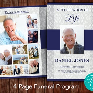Funeral program template for man with 4 pages and striking background design. Printed on one sheet of 8.5 x 11-inch paper and folded in half. Front page has a large photo plus the name, and date of the deceased.