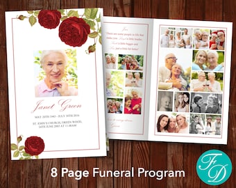 Funeral Program Template for Woman with Red Roses | 8 Page Celebration of Life Program for Loss of Daughter, Sister, Wife or Mother | 0152