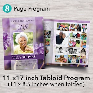 8 Page Purple Flower Funeral Program Template | 8 Page Tabloid Obituary Template | 11 x 17 inch | Memorial Program | Memorial Service | 0171