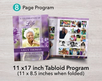 8 Page Purple Flower Funeral Program Template | 8 Page Tabloid Obituary Template | 11 x 17 inch | Memorial Program | Memorial Service | 0171