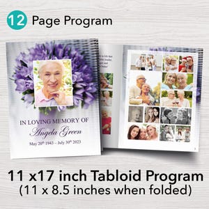 May include: A funeral programme template featuring a purple floral arrangement and a photograph of a woman. The text reads "In loving memory of Angela Green, May 20th 1943 - July 30th 2023". The programme is 11 x 17 inches and folds to 11 x 8.5 inches.