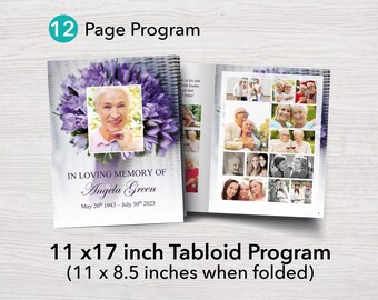 11x17 Funeral Program Template for Woman with 12 Pages | Purple Obituary Template with Large 11 x 17 inch Pages for Celebration of Life 0120