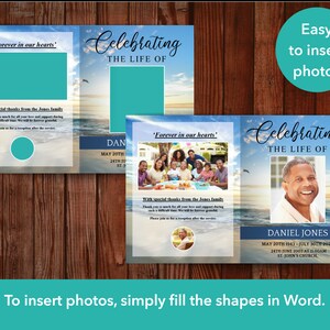 Funeral program template is shown without photos and then with photos. Image on left is program with green photo boxes, image on right is program with photos inserted in boxes. Overlay text reads, To insert photos, simply fill the shapes in Word.