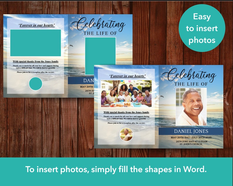 Funeral program template is shown without photos and then with photos. Image on left is program with green photo boxes, image on right is program with photos inserted in boxes. Overlay text reads, To insert photos, simply fill the shapes in Word.
