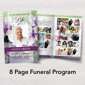 8 Page Purple & Green Funeral Program Template | 8 Page Memorial Program | 8 Page Celebration of Life Program | 8 Page Obituary | 0156