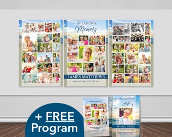 Funeral Poster Funeral Program Template Bundle, Custom Memorial Photo Board, Funeral Presentation, In Loving Memory Photo Collage | 0036