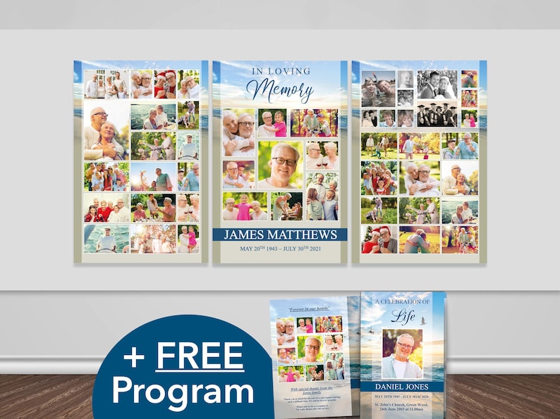 Funeral Poster Funeral Program Template Bundle, Custom Memorial Photo Board, Funeral Presentation, In Loving Memory Photo Collage | 0036 image 1