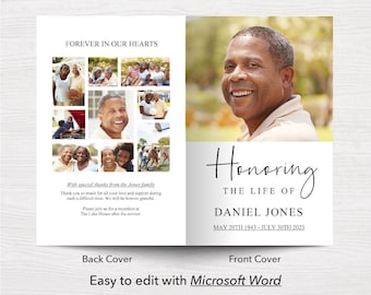Funeral Program Template with Photo Collage and Obituary Example | Easy to Edit Memorial Program for Celebration of Life Service | 9998