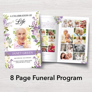 8 Page Funeral Program Template for Woman | 8 Page Purple Obituary Booklet | Celebration of Life Program Template | Funeral Booklet | 0094