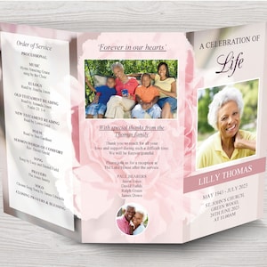11x17 Trifold Funeral Program Template with Pink Carnations Tabloid Trifold Tri-fold Obituary Template Tri Fold Memorial Program 0112 image 3