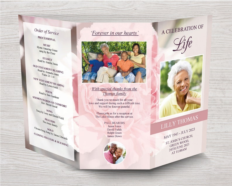 11x17 Trifold Funeral Program Template with Pink Carnations Tabloid Trifold Tri-fold Obituary Template Tri Fold Memorial Program 0112 image 3