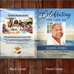 Back and front cover of 11x17 inch 8 page funeral program with fold down the middle. Back cover has large landscape photo, thank you message, reception info and circle photo. Front cover on right has a title, large photo, name and dates of loved one