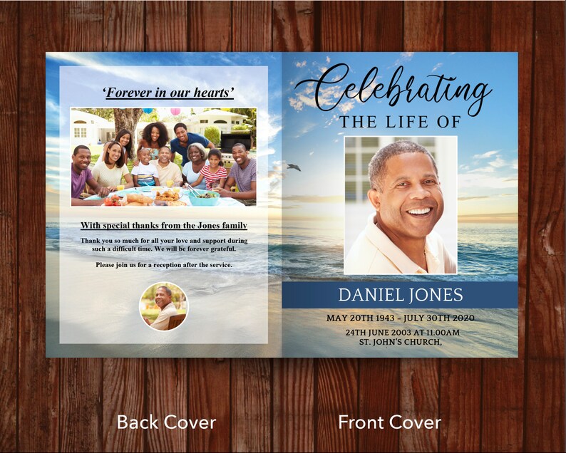 Back and front cover of 11x17 inch 8 page funeral program with fold down the middle. Back cover has large landscape photo, thank you message, reception info and circle photo. Front cover on right has a title, large photo, name and dates of loved one
