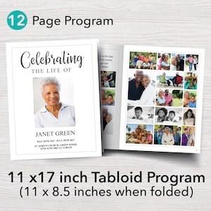 May include: A black and white funeral programme with a photo of a woman and the text "Celebrating the Life of Janet Green". The programme is 11 x 17 inches and folds to 11 x 8.5 inches.