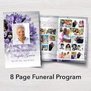 Purple Bouquet Funeral Program Template | 8 Page Obituary Template | Celebration of Life Program | Purple Obituary Template | 0120