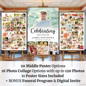 May include: Three posters with a photo collage of a person's life. The middle poster has the text "Celebrating The Life of James Matthews May 20th, 1940 - July 30th, 2020".