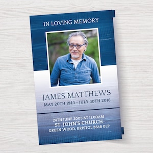May include: A blue and white memorial card with a photo of a man wearing glasses. The card reads "In Loving Memory, James Matthews, May 20th 1943 - July 30th 2016, 24th June 2003 at 11:00 AM, St. John's Church, Green Wood, Bristol BS48 OLP."