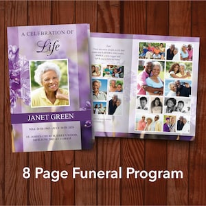 8 Page Funeral Program Template for Woman | Puple 8 Page Obituary Template for Women | Funeral Bundle | 0171