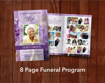 8 Page Funeral Program Template for Woman with Purple Flowers: Easy to Edit in Word | 0171