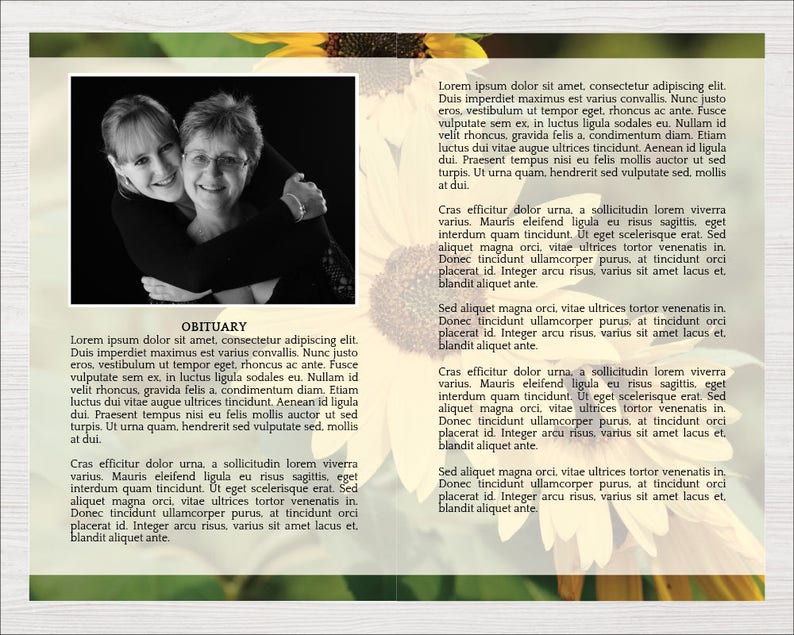 Inside pages of 8 page funeral program template with fold down the middle. Left page has space for one or more photos plus the obituary. Right page has more space for a longer obituary or funeral songs, poems or readings. All content is editable.