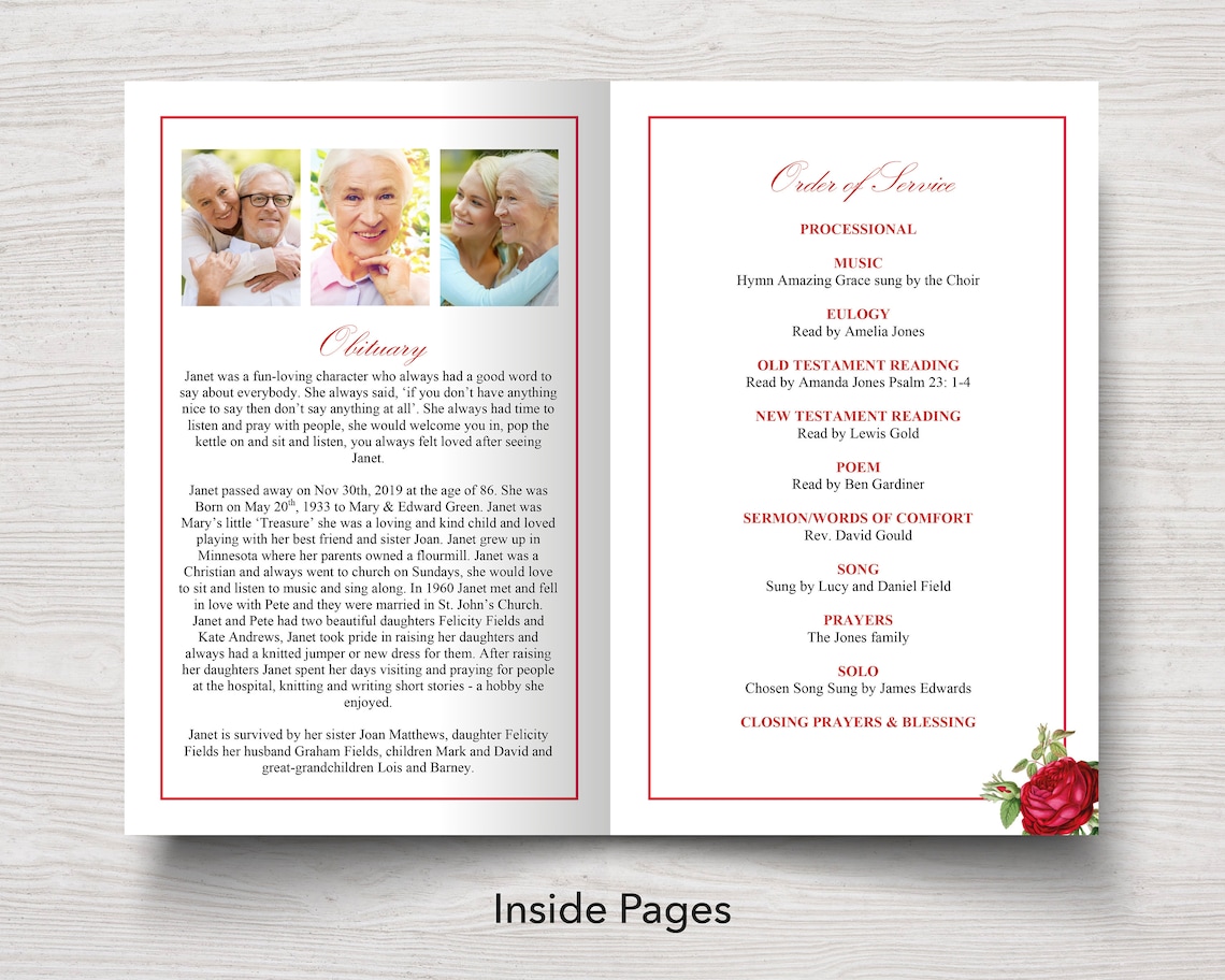 Red Roses Funeral Program Template Celebration of Life | Etsy