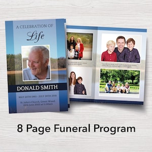 8 Page Funeral Program Template for Men | 8 Page Celebration of Life Program | Blue Lake Memorial Program | 8 Page Obituary Template | 0054