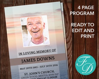 Sunset Funeral Program Template | Memorial Program for Men | Memorial Service | Celebration of Life Program | Obituary Template for a Man