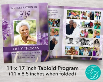 8 Page Purple Flower Funeral Program Template | 8 Page Tabloid Obituary Template | 11 x 17 inch | Memorial Program | Memorial Service | 0171