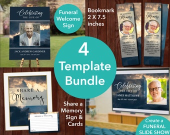 Funeral Template Bundle - Funeral Welcome Sign, Share a Memory Sign and Card, Funeral Bookmark and Funeral Slideshow all included | 0001