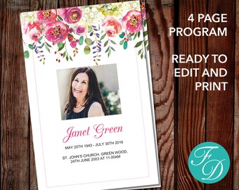 Funeral Program Template | Celebration of Life Program Template | Obituary Template | Floral Memorial Program | Watercolor Funeral Program