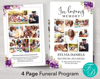 Purple Funeral Program Template | Celebration of Life Program | Order of Service | Eulogy Template | Funeral Program Template Word | 0291