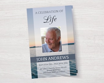 May include: A blue and white funeral program with a photo of a man and the text "A Celebration of Life" and "John Andrews". The program includes the dates "May 20th 1943 - July 30th 2016", the location "St. John's Church, Green Wood, Bristol BS48 OLP", and the date and time of the funeral service "24th June 2003 at 11.00am".