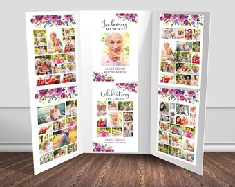 Begravningsposter och välkomstskylt med lila rosor | Begravningsfotodisplay med 6 minnesaffischer för en minnestavla | 0136