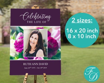 Purple Peonies Funeral Welcome Sign | Celebration of Life Poster | Memorial Ideas | Funeral Poster | Memorial Sign | Funeral Sign | 0230