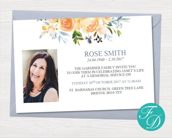 Yellow Rose Funeral Invitation Card Funeral Announcement Etsy