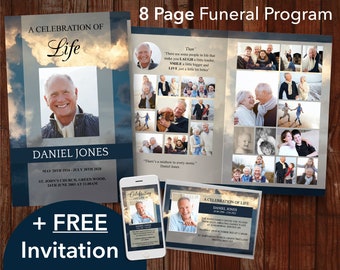 8 Page Funeral Program Template + FREE Memorial Evite | 8 Page Obituary Template For Men with Funeral Announcement Card | 0001