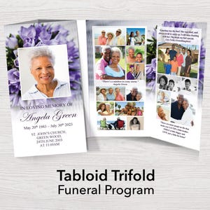 11x17 Trifold Funeral Program Template with Purple Flowers | Tabloid Trifold | Tri-fold Obituary Template | Tri Fold Memorial Program | 0120