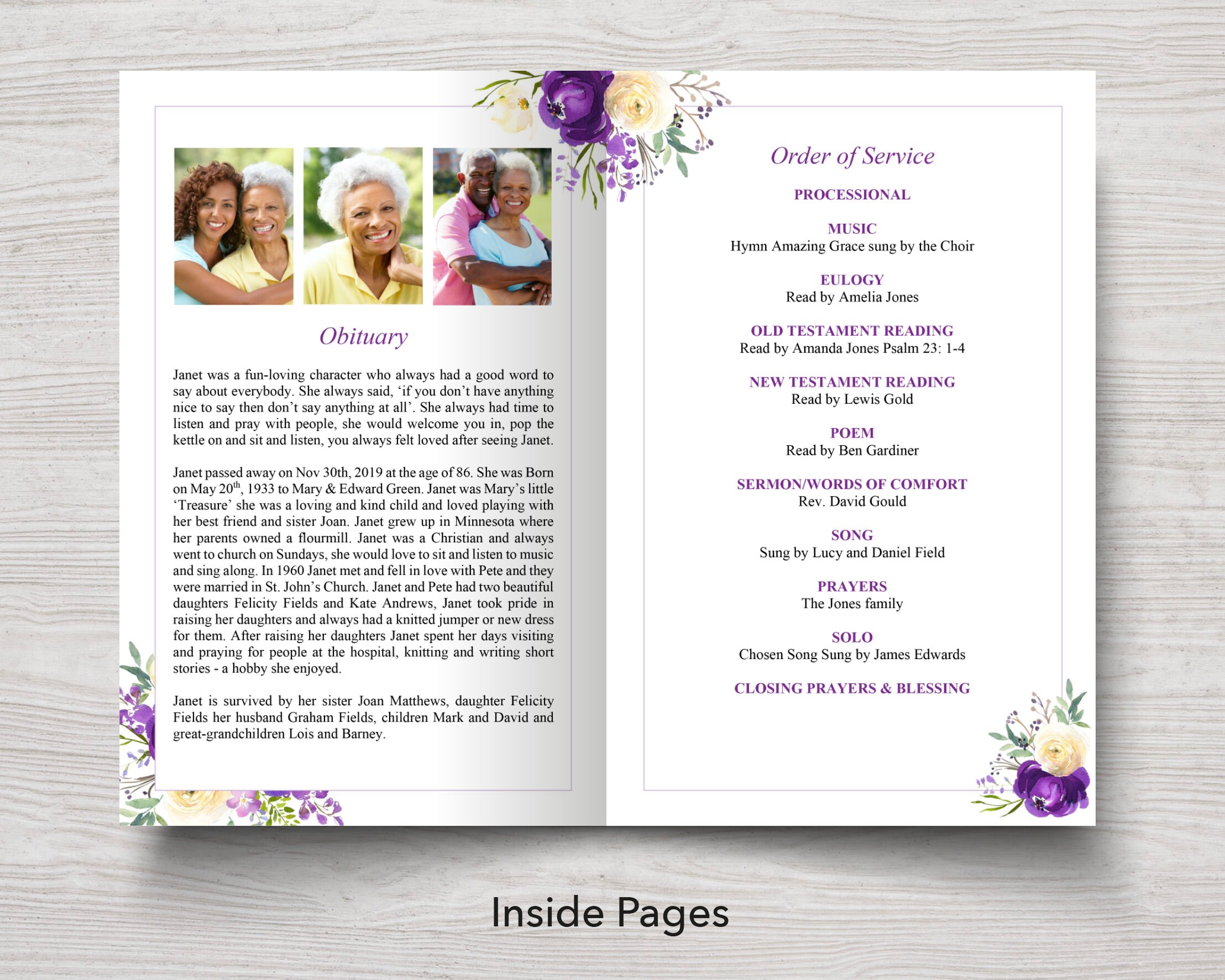 8 Page Purple Funeral Program Template 8 Page Obituary - Etsy Singapore