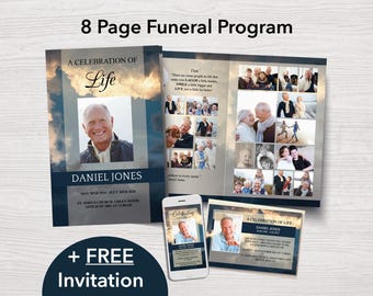 8 Page Funeral Program Template + FREE Memorial Evite, 8 Page Obituary Template For Men with Funeral Announcement Card, Funeral Bundle, 0001