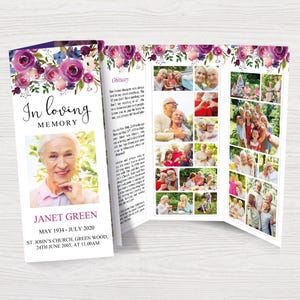 Könnte beinhalten: Ein violettes Trauerprogramm mit Blumen und einem Foto einer Frau sowie dem Text "In liebevoller Erinnerung, Janet Green, Mai 1934 - Juli 2020, St. John's Church, Green Wood, 24. Juni 2003, um 11:00 Uhr."