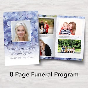 Funeral Program Template with blue petals | 8 Page Obituary Template | 8 Page Celebration of Life Program | 8 Page Memorial Program | 0169