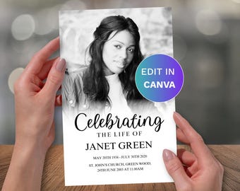 Modello moderno per programma funebre Canva: programma commemorativo di 4 pagine facile da modificare in Canva, scaricare e stampare