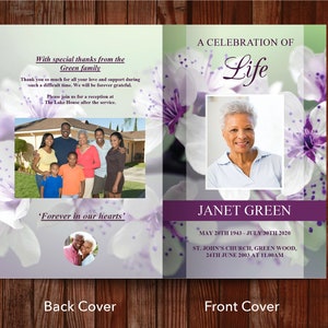 Back and front cover of 8 page funeral program with fold down the middle. Back cover has space for photos or acknowledgments plus other text for the celebration of life service. Front cover on right has a title, photo, name, and dates of loved one.
