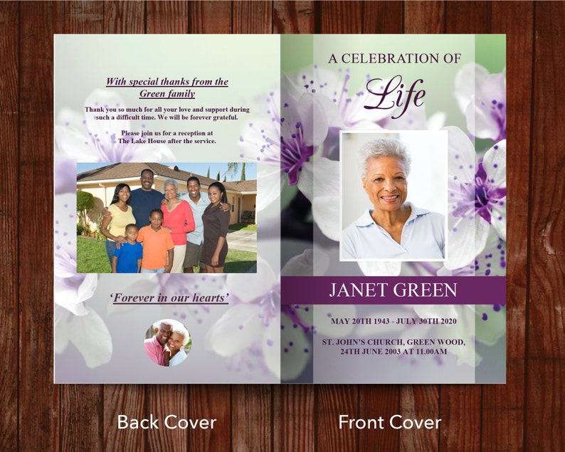 Back and front cover of 8 page funeral program with fold down the middle. Back cover has space for photos or acknowledgments plus other text for the celebration of life service. Front cover on right has a title, photo, name, and dates of loved one.