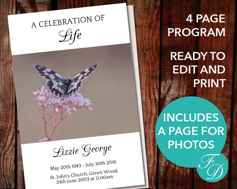 Butterfly Funeral Program Template Butterly Obituary Etsy Australia