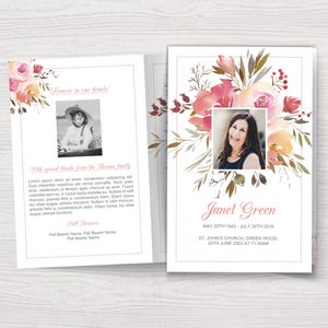 Peut inclure: Un programme funéraire avec un motif floral dans les tons rose, orange et vert. Le programme présente une photo d'une femme et le texte "Janet Green" avec les dates de naissance et de décès. Le programme comprend également le texte "Forever in our hearts" et "With special thanks from the Themer family".
