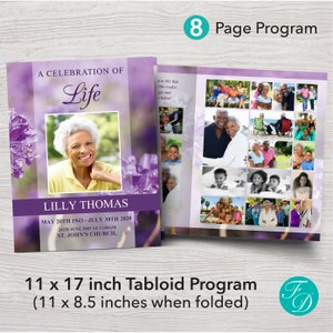 8 Page Purple Flower Funeral Program Template | 8 Page Tabloid Obituary Template | 11 x 17 inch | Memorial Program | Memorial Service | 0171