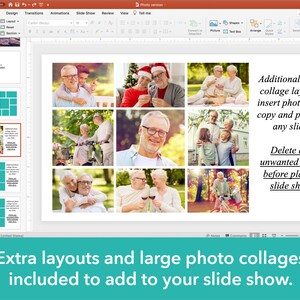 May include: A computer screen displaying a PowerPoint presentation with a photo collage of older adults. The text on the screen reads "Additional photo collage layout - insert photos and copy and paste to any slide. Delete any unwanted slides before playing slide show." and "Extra layouts and large photo collages included to add to your slide show."