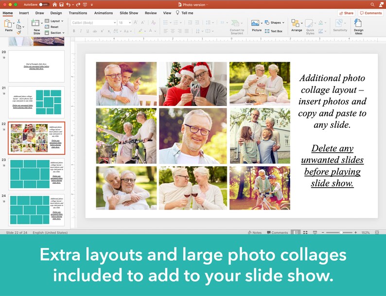May include: A computer screen displaying a PowerPoint presentation with a photo collage of older adults. The text on the screen reads "Additional photo collage layout - insert photos and copy and paste to any slide. Delete any unwanted slides before playing slide show." and "Extra layouts and large photo collages included to add to your slide show."