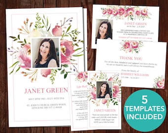 Pink Funeral Program Template + 4 Matching Templates (Funeral Invitation, Funeral Thank You Card, Prayer Card + Funeral Program Sign) | 0131